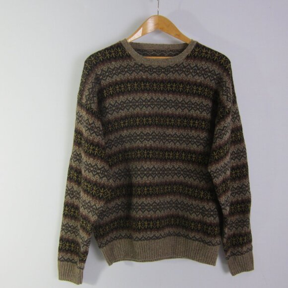 Geoffrey Beene Mens Large Brown Black Lambswool Fair Isle Sweater Crew Neck - Picture 4 of 8